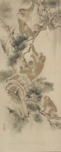 森狙仙（もりそせん）　「滝に松樹遊猿図」（たきにしょうじゅゆうえんず）江戸時代/ 19 世紀　紙本淡彩　2 幅対
