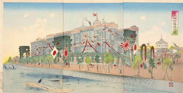 日本銀行落成之図（パネル）1896年（明治29）篠原清興／画